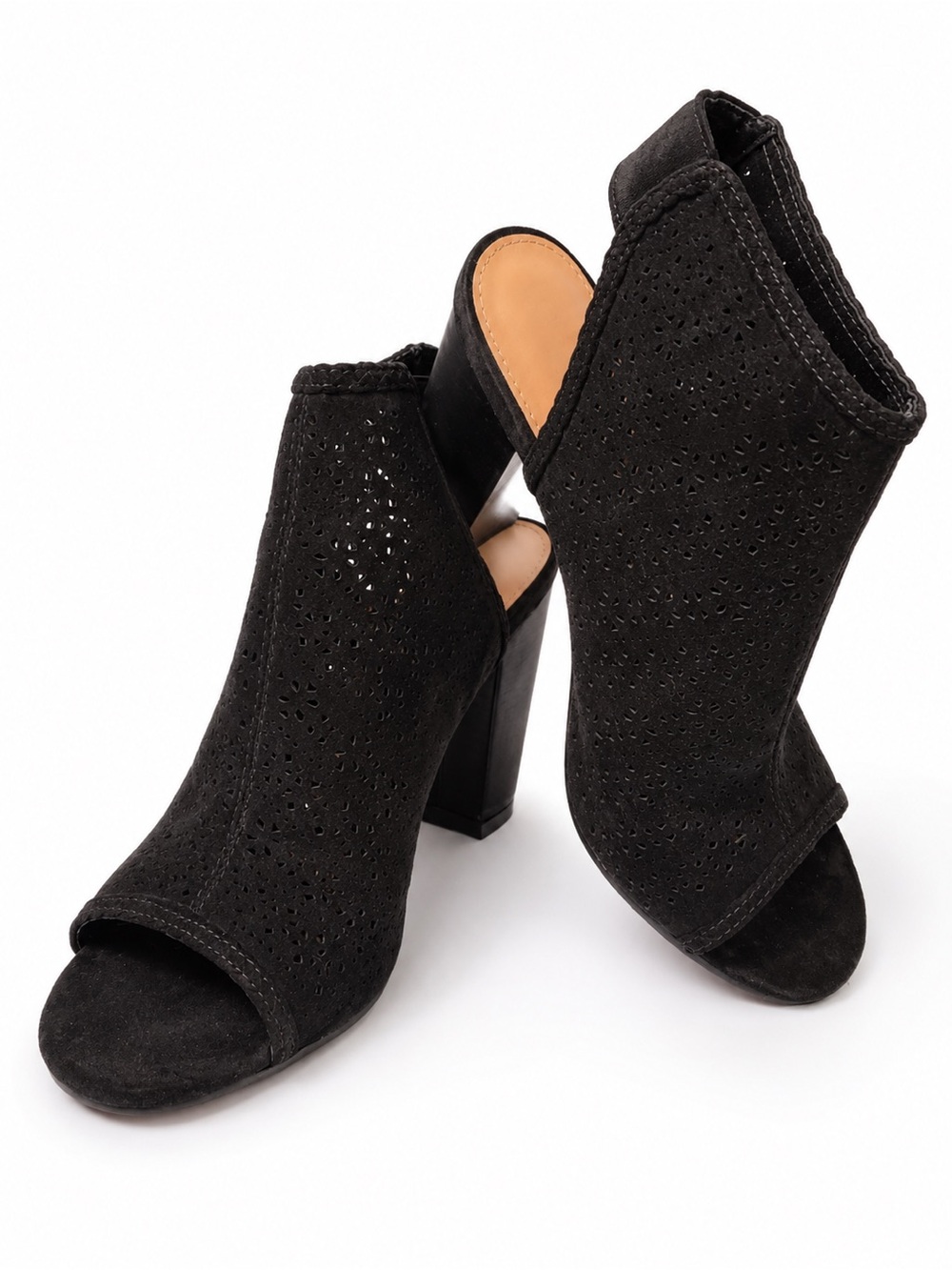 LC Lauren Conrad Black Perforated Suede Peep-Toe Block Heel Booties